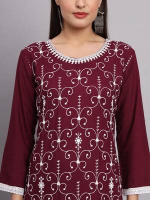 Maroon Colour Ethnic Lukhnowi Chikankari Work Girlish Kurti Collection 2