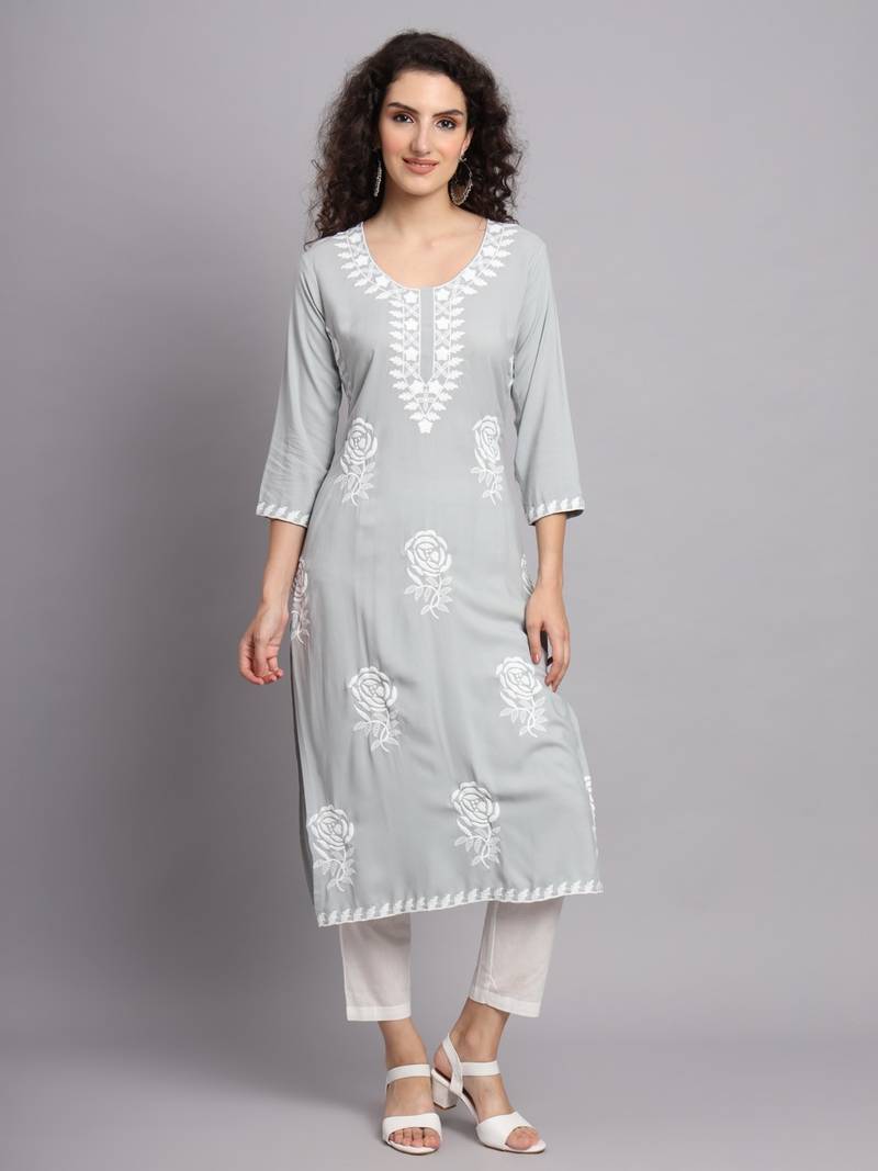 Gray Colour Smart And Traditional Festive Chikankari Work Kurti