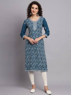 Beautiful Blue Colour Chikankari Work Traditional Festive Kurti 1