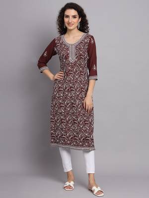 Beautiful Brown Colour Chikankari Work Traditional Festive Kurti 1