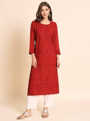 Maroon Colour Ethnic Chikankari Work Fancy Girlish Kurti 1