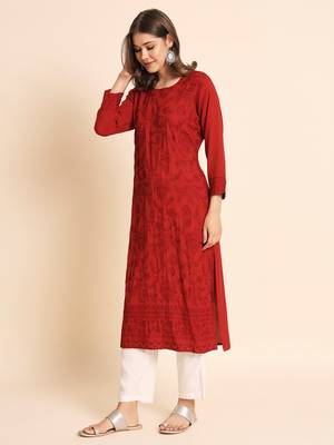 Maroon Colour Ethnic Chikankari Work Fancy Girlish Kurti 4