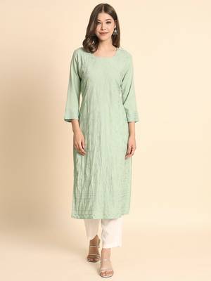 Pista Colour Ethnic Chikankari Work Fancy Girlish Kurti 1