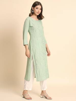 Pista Colour Ethnic Chikankari Work Fancy Girlish Kurti 4