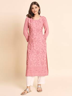 Pink Colour Ethnic Chikankari Work Fancy Girlish Kurti 1
