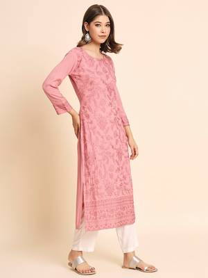Pink Colour Ethnic Chikankari Work Fancy Girlish Kurti 4