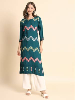 Ethnic Floral Work Chikankari Embroidered Teal Blue Colour Rayon Fabric Kurti 1