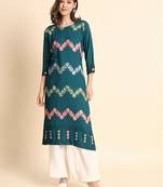 Ethnic Floral Work Chikankari Embroidered Teal Blue Colour Rayon Fabric Kurti