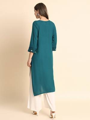 Ethnic Floral Work Chikankari Embroidered Teal Blue Colour Rayon Fabric Kurti 2