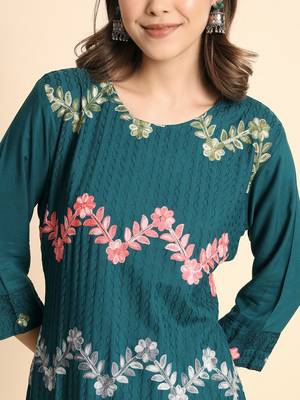 Ethnic Floral Work Chikankari Embroidered Teal Blue Colour Rayon Fabric Kurti 3