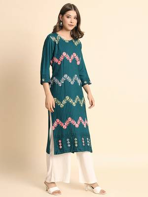 Ethnic Floral Work Chikankari Embroidered Teal Blue Colour Rayon Fabric Kurti 4