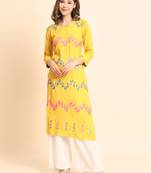 Ethnic Floral Work Chikankari Embroidered Yellow Colour Rayon Fabric Kurti