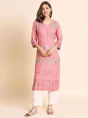 Ethnic Floral Work Chikankari Embroidered Peach Colour Rayon Fabric Kurti 1