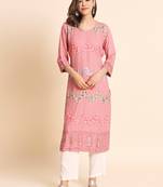 Ethnic Floral Work Chikankari Embroidered Peach Colour Rayon Fabric Kurti