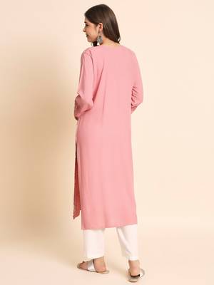 Ethnic Floral Work Chikankari Embroidered Peach Colour Rayon Fabric Kurti 2