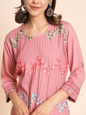 Ethnic Floral Work Chikankari Embroidered Peach Colour Rayon Fabric Kurti 3