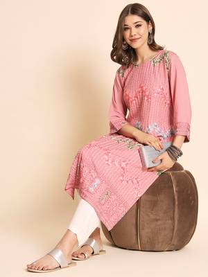 Ethnic Floral Work Chikankari Embroidered Peach Colour Rayon Fabric Kurti 4