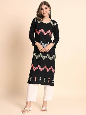 Ethnic Floral Work Chikankari Embroidered Black Colour Rayon Fabric Kurti 1