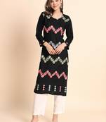 Ethnic Floral Work Chikankari Embroidered Black Colour Rayon Fabric Kurti