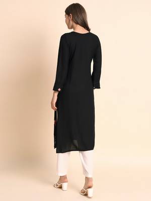 Ethnic Floral Work Chikankari Embroidered Black Colour Rayon Fabric Kurti 2