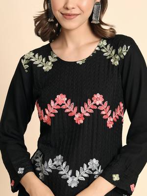 Ethnic Floral Work Chikankari Embroidered Black Colour Rayon Fabric Kurti 3