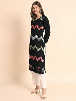 Ethnic Floral Work Chikankari Embroidered Black Colour Rayon Fabric Kurti 4