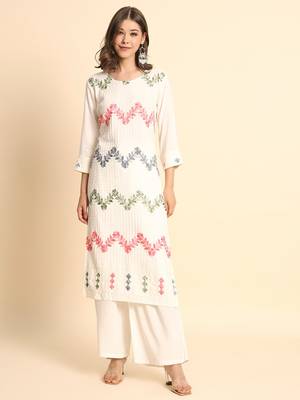 Ethnic Floral Work Chikankari Embroidered Off White Colour Rayon Fabric Kurti 1