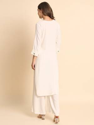 Ethnic Floral Work Chikankari Embroidered Off White Colour Rayon Fabric Kurti 2