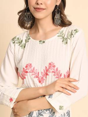 Ethnic Floral Work Chikankari Embroidered Off White Colour Rayon Fabric Kurti 3