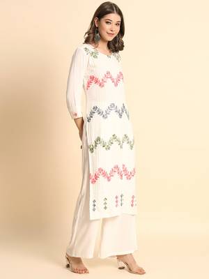Ethnic Floral Work Chikankari Embroidered Off White Colour Rayon Fabric Kurti 4