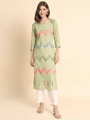 Ethnic Floral Work Chikankari Embroidered Pista Colour Rayon Fabric Kurti 1