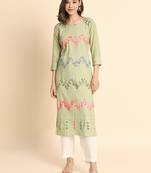 Ethnic Floral Work Chikankari Embroidered Pista Colour Rayon Fabric Kurti