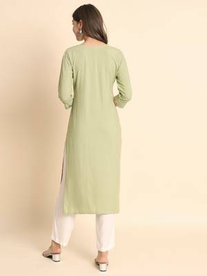 Ethnic Floral Work Chikankari Embroidered Pista Colour Rayon Fabric Kurti 2