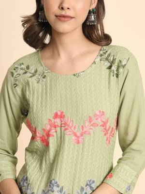 Ethnic Floral Work Chikankari Embroidered Pista Colour Rayon Fabric Kurti 3