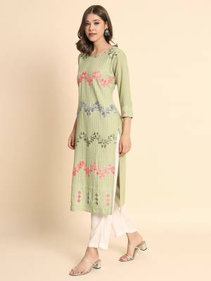 Ethnic Floral Work Chikankari Embroidered Pista Colour Rayon Fabric Kurti 4