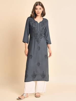 Grey Colour Chikankari Embroidery Rayon Kurti 1