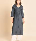 Grey Colour Ethnic Chikankari Embroidery Work Rayon Kurti