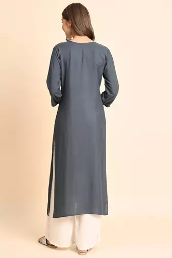 Grey Colour Chikankari Embroidery Rayon Kurti