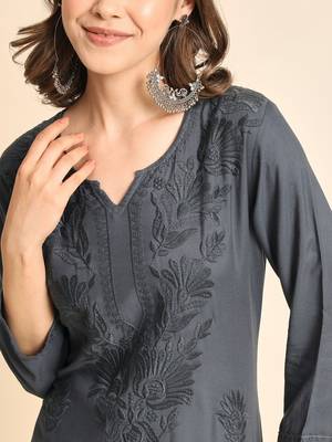 Grey Colour Chikankari Embroidery Rayon Kurti 3