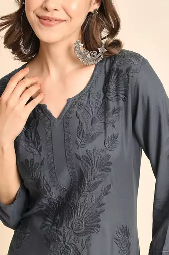 Grey Colour Chikankari Embroidery Rayon Kurti