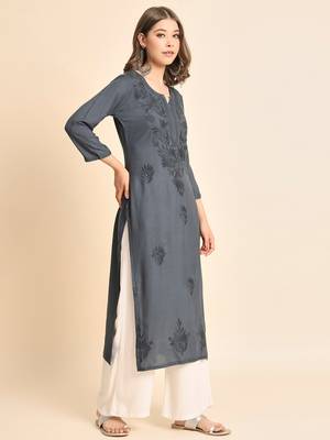 Grey Colour Chikankari Embroidery Rayon Kurti 4
