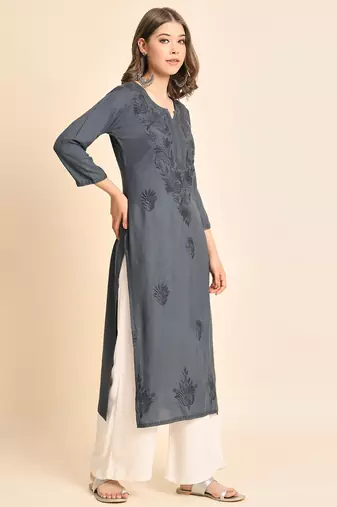 Grey Colour Chikankari Embroidery Rayon Kurti