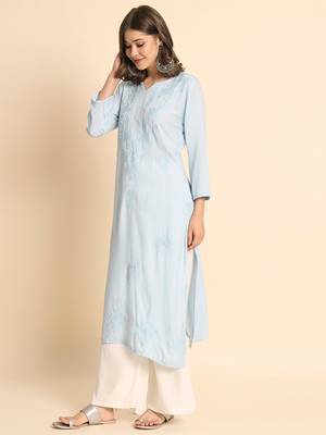 Sky Blue Colour Ethnic Chikankari Embroidery Work Rayon Kurti 1