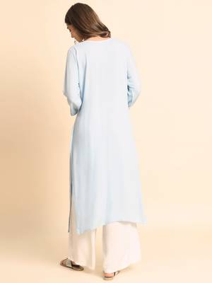Sky Blue Colour Ethnic Chikankari Embroidery Work Rayon Kurti 2