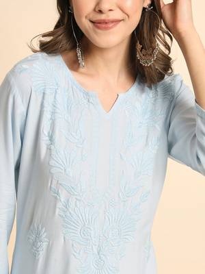 Sky Blue Colour Ethnic Chikankari Embroidery Work Rayon Kurti 3