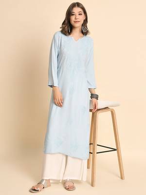Sky Blue Colour Ethnic Chikankari Embroidery Work Rayon Kurti 4