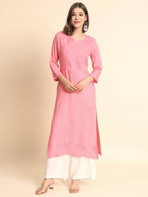 Pink Colour Ethnic Chikankari Embroidery Work Rayon Kurti 1