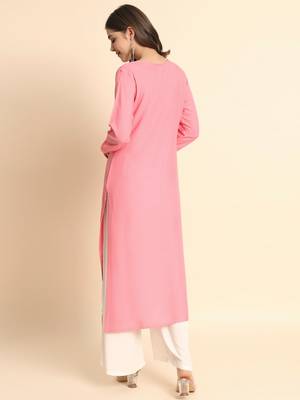 Pink Colour Ethnic Chikankari Embroidery Work Rayon Kurti 2