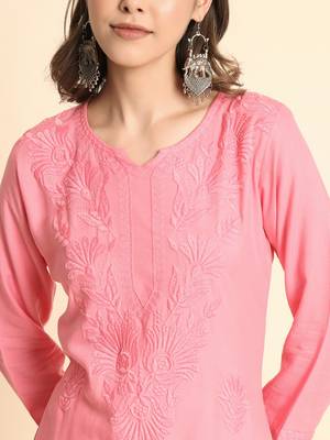 Pink Colour Ethnic Chikankari Embroidery Work Rayon Kurti 3