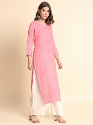 Pink Colour Ethnic Chikankari Embroidery Work Rayon Kurti 4